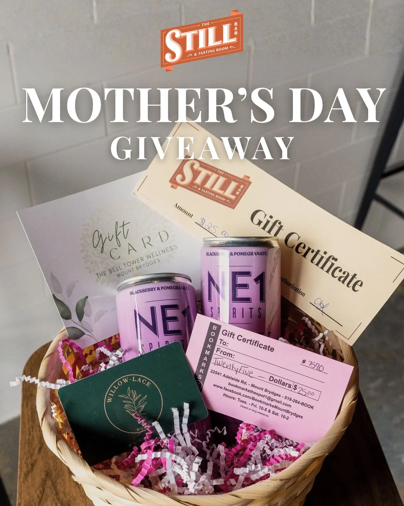 Mother&rsquo;s Day, made local🤍

The perfect chance to spoil mom, celebrate the one you love, or treat yourself. 

Gifting $25 to our local favourites: 
@thestillbar  @thebelltowerwellness 
@bookmarksmountbrydges 
@willowlacehome  
Enter in person a