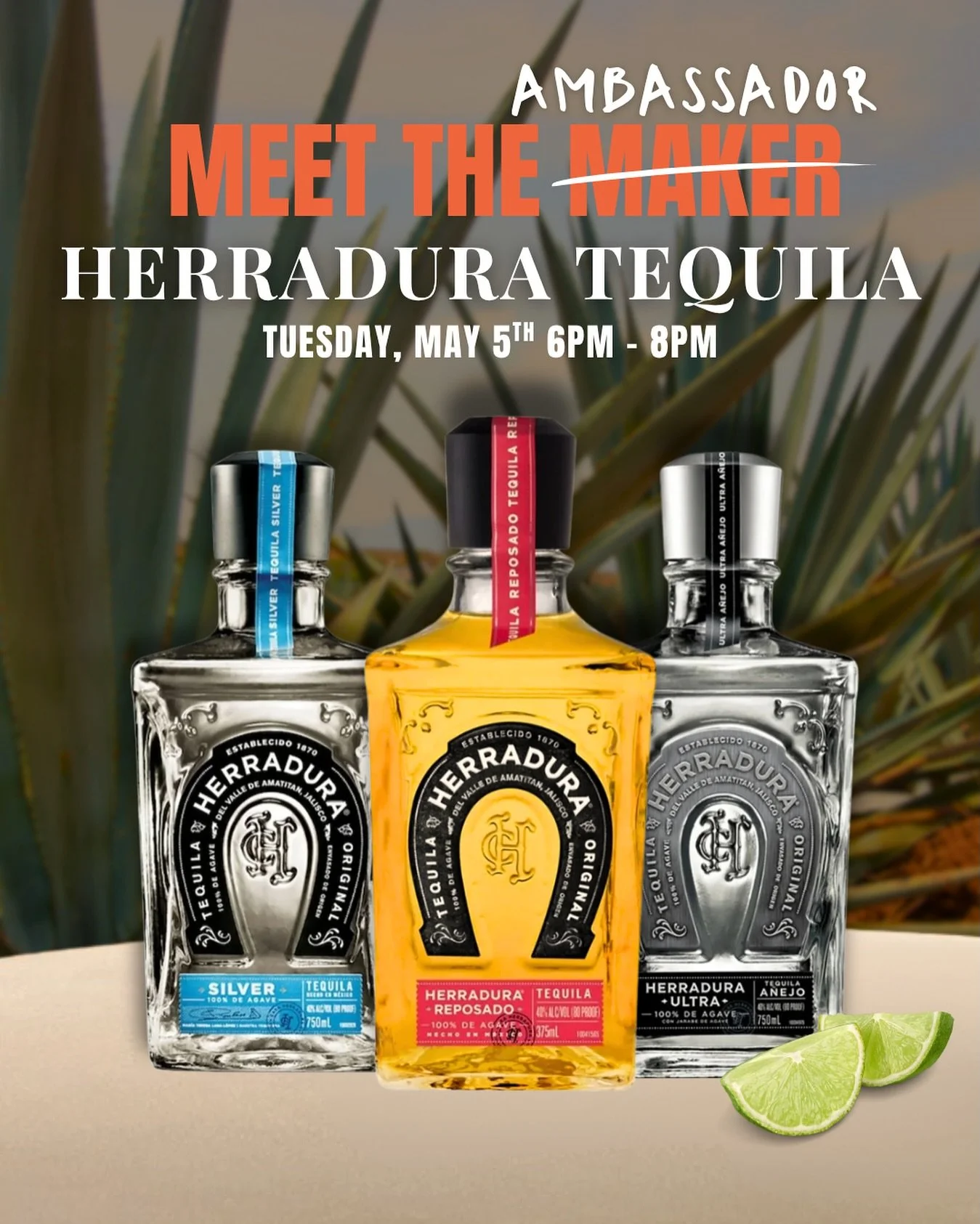 It&rsquo;s Tequila Time! 

We are hosting our biggest Meet the Maker yet, Tuesday, May 5th, from 6pm - 8pm celebrate Cinco De Mayo with a Premium Tequila tasting!  An Ontario representative from Herradura Tequila will be here sampling incredible Tequ