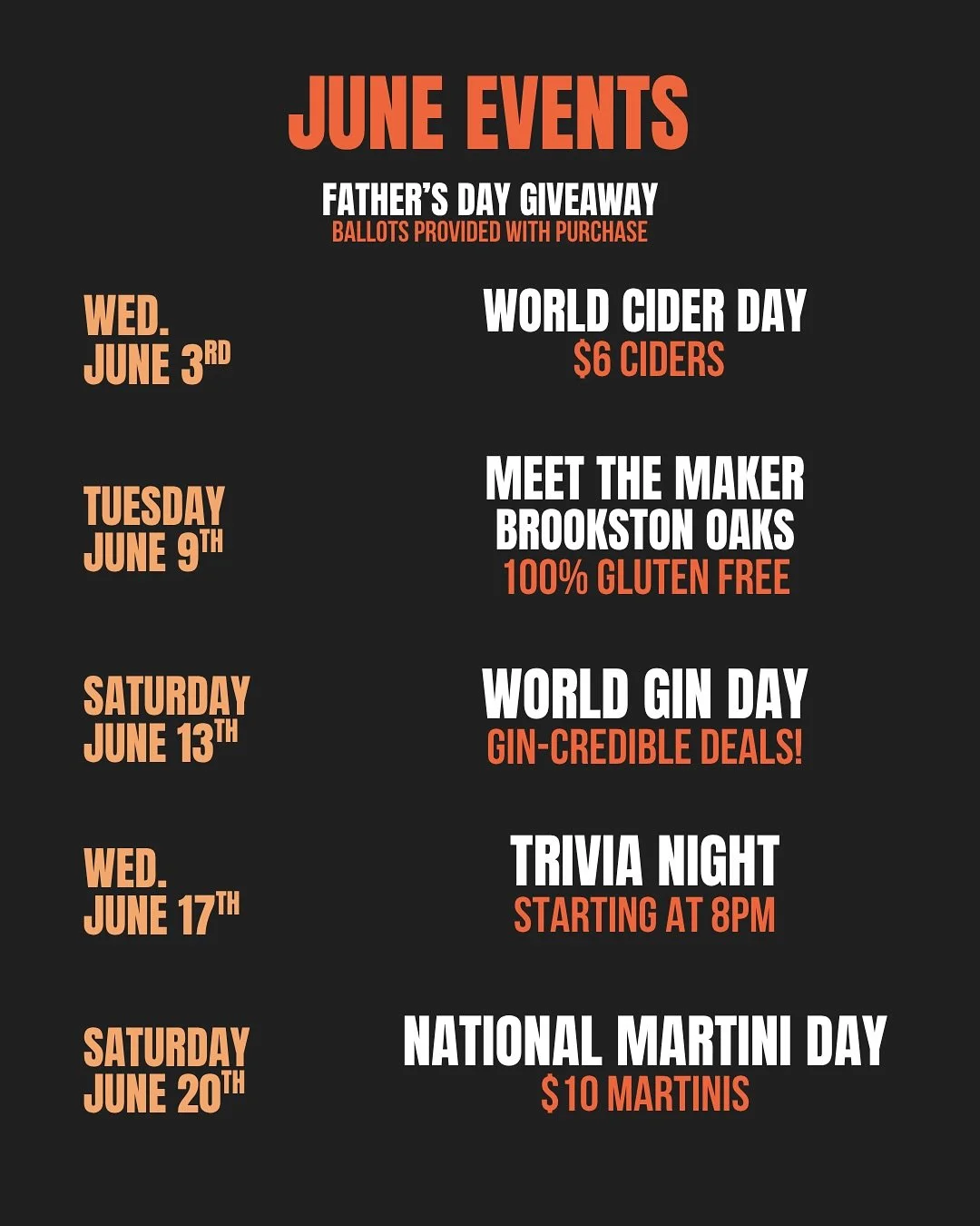 June has arrived, and it&rsquo;s brought nothing short of things happening at The Still!

Wednesday June 3
World Cider Day
$6 Ciders

Tuesday June 9&nbsp;
Meet the Maker Brookston Oaks
Tickets Required

Saturday June 13
$5.50 NE1 Gin Canned Cocktails