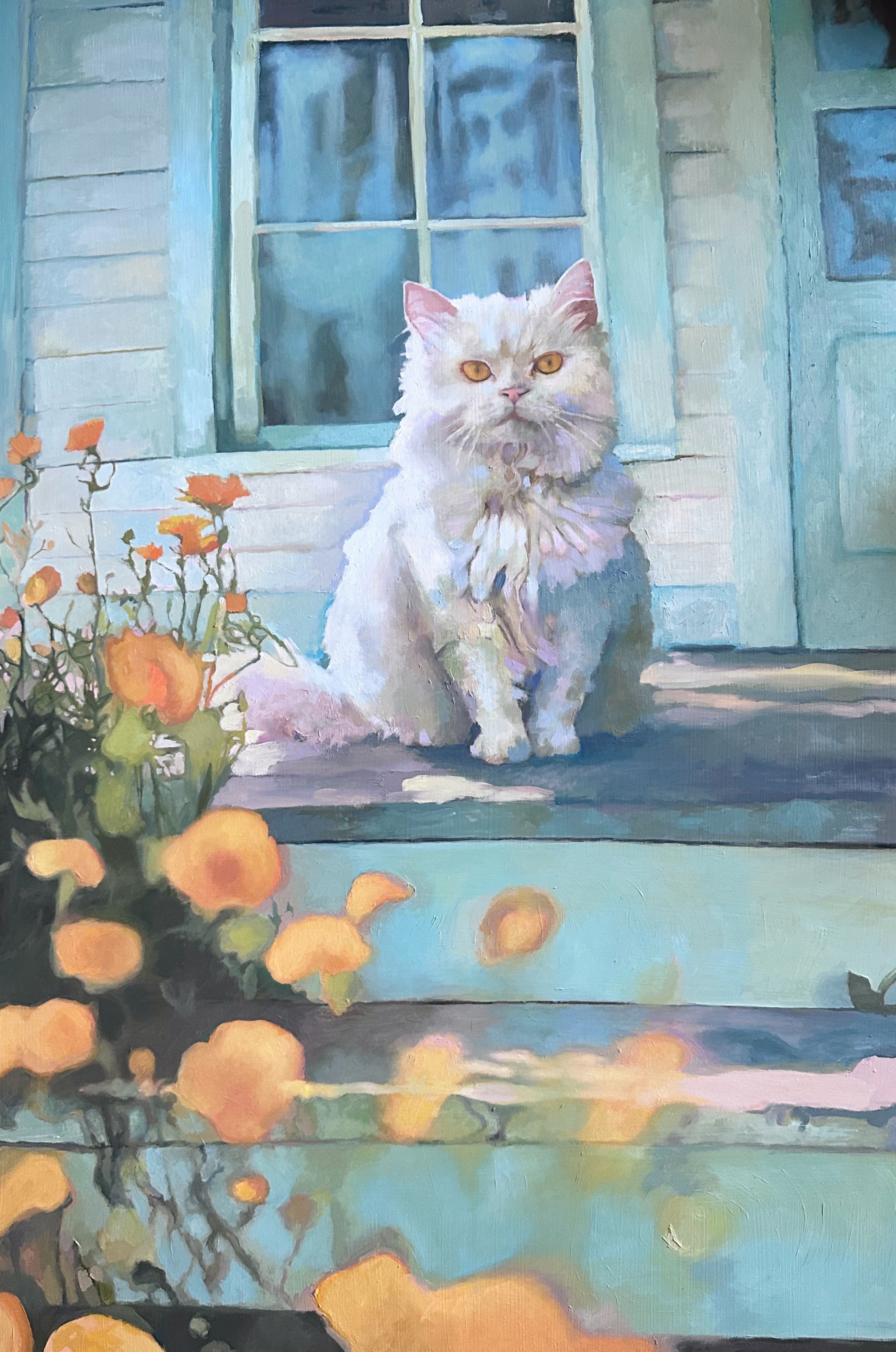 Cat on a Porch /
24x36 Inches /
Oil paint on wood panel