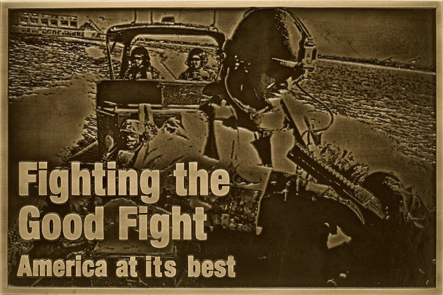 Custom cast plaque featuring a detailed photographic relief and Fighting the Good Fight design, demonstrating the dimensional imagery possible with A.R.K. Ramos impression plaques.