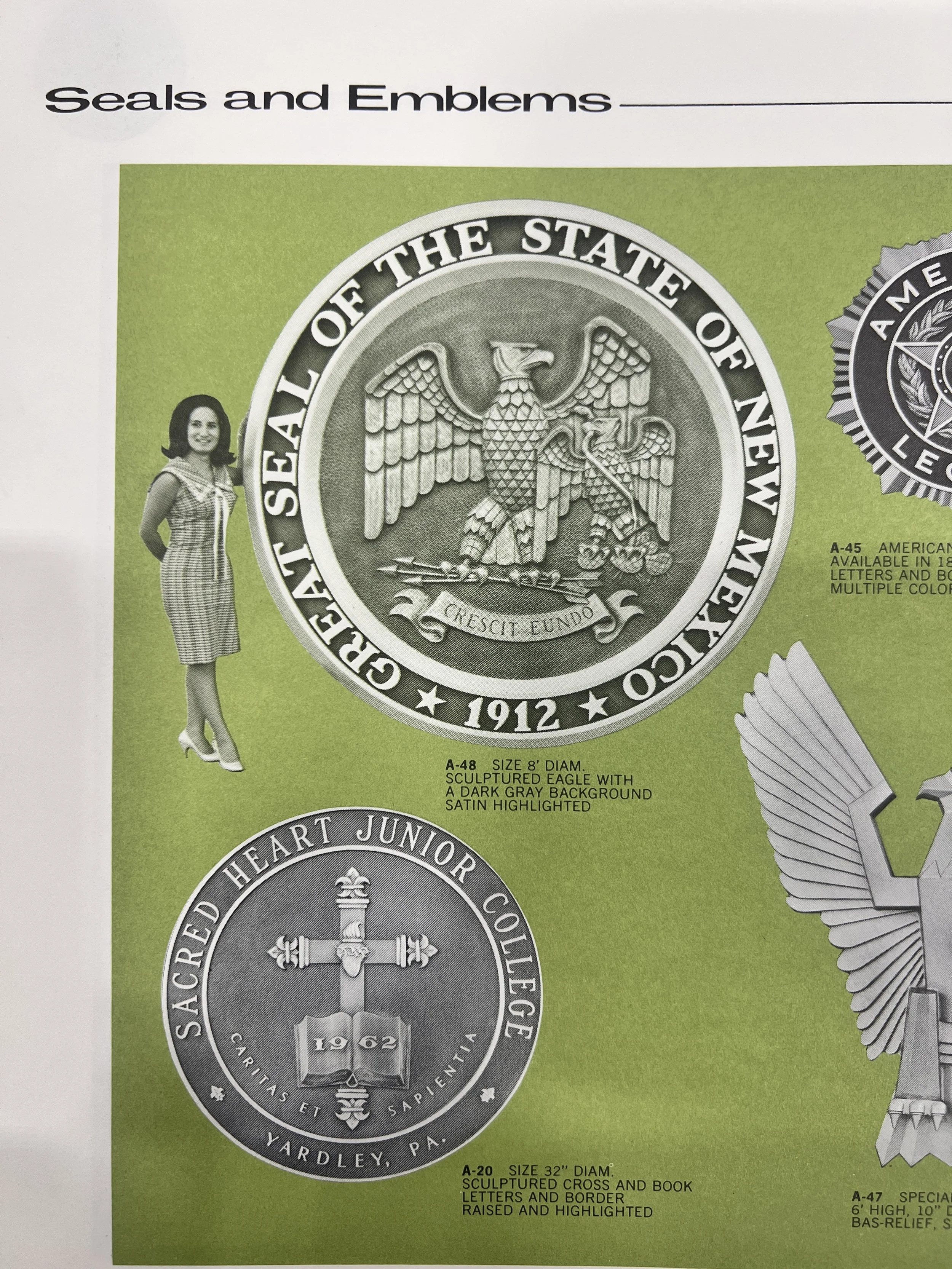 Historic A.R.K. Ramos catalog featuring custom seals and emblems from the family-owned Oklahoma business and its 80-year legacy of architectural craftsmanship.