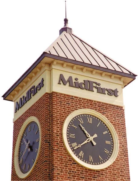 MidFirst clock tower with custom dimensional architectural signage, showcasing metal fabrication available to signage company partners through A.R.K. Ramos.