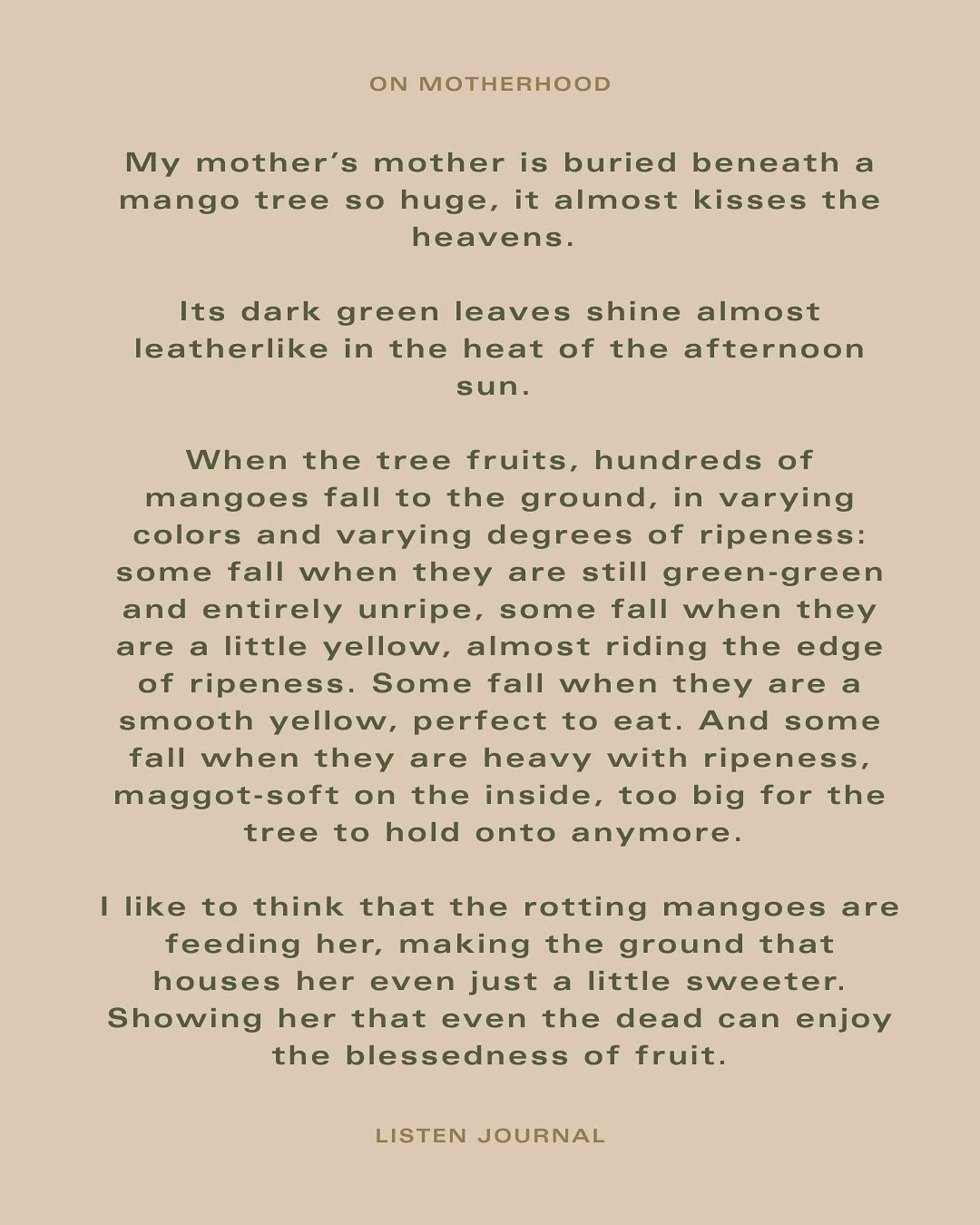 &ldquo;Three months before I received the diagnosis, my mother had a dream where three elderly women appeared to her rubbing her belly and shaking their heads. She woke up immediately worried about me.&rdquo;

In &ldquo;Inheritances&rdquo;, a daughte