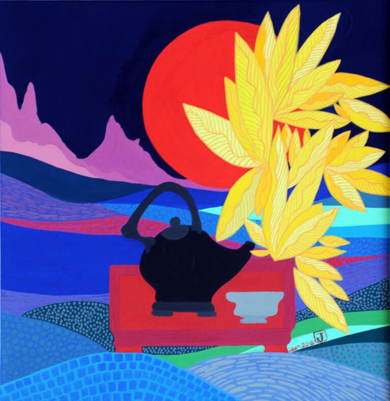  Black Teapot, Red Tray, Red Sun &amp; Yellow Leaves by Jean Tori 2019 