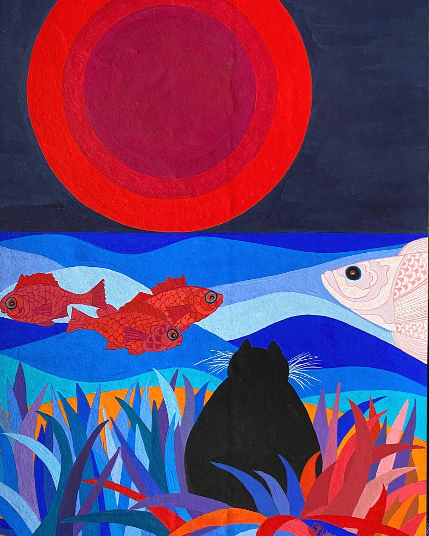 Here is Jean&rsquo;s finished painting, she wants to call it &ldquo;Supper Time&rdquo;! 😁💙🌊🐟🐈&zwj;⬛😂
Also, if you want to know more about the painting and about inspiration in general you can check out this month&rsquo;s newsletter- you can sig