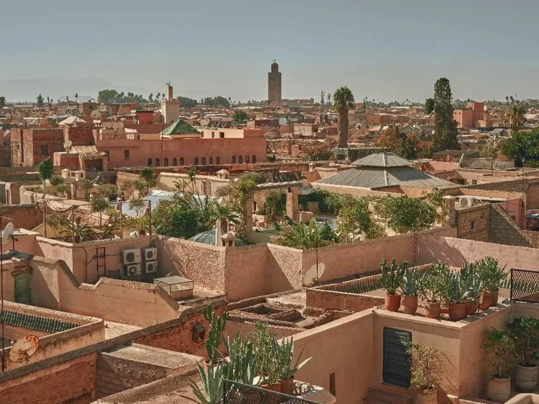 A panoramic view of a Marrakech cityscape with flat-roofed buildings, some with potted plants and trees, and a tall tower in the distant background under a clear sky.