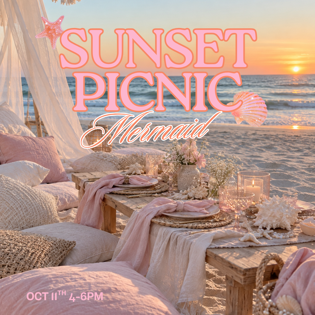 Mermaid themed sunset picnic on Miami Beach, Gold Coast, with pink picnic styling, seashells, sparkles and creative activities for The Sisterhood Movement.