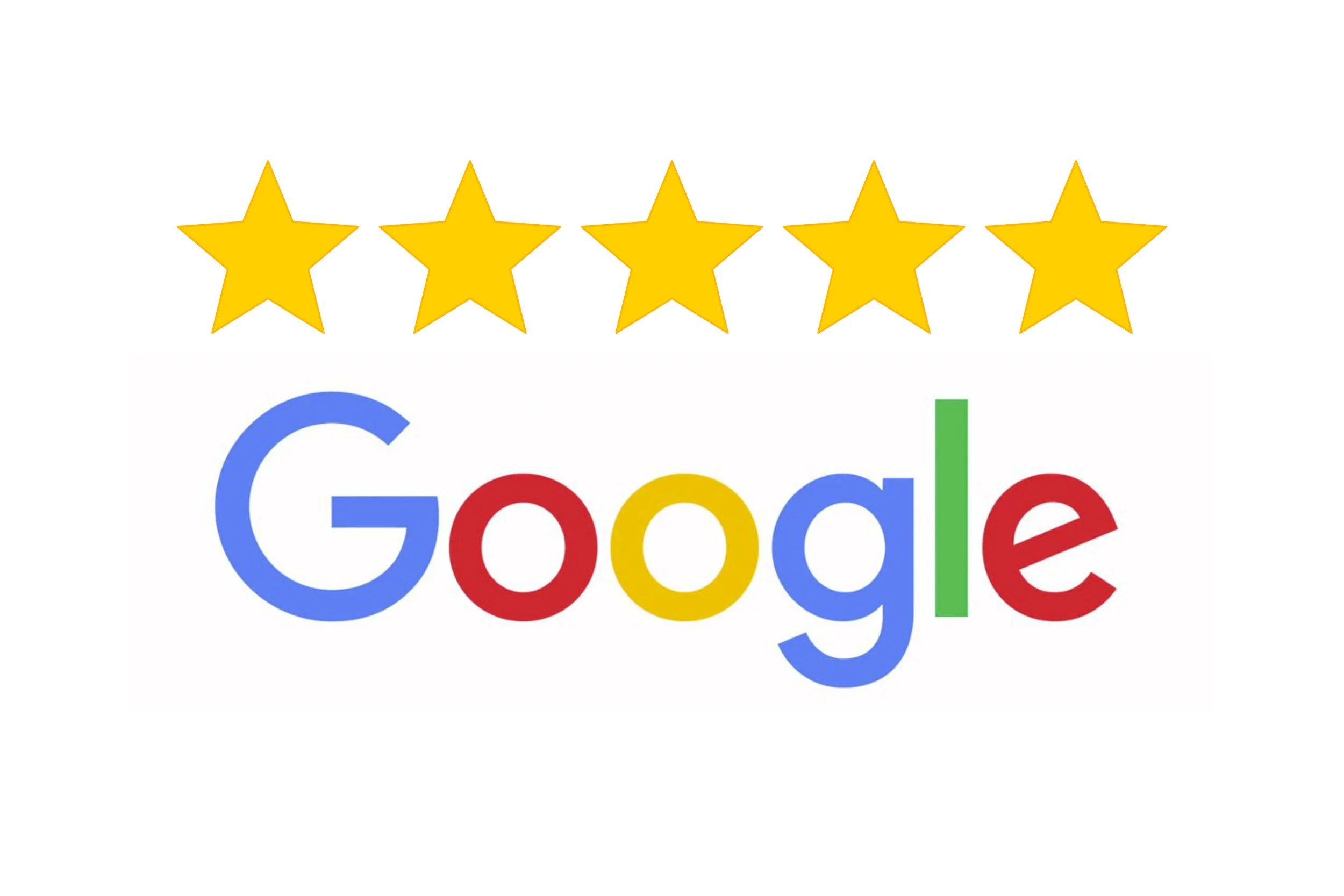 Google logo with five yellow stars above, symbolizing a five-star rating.