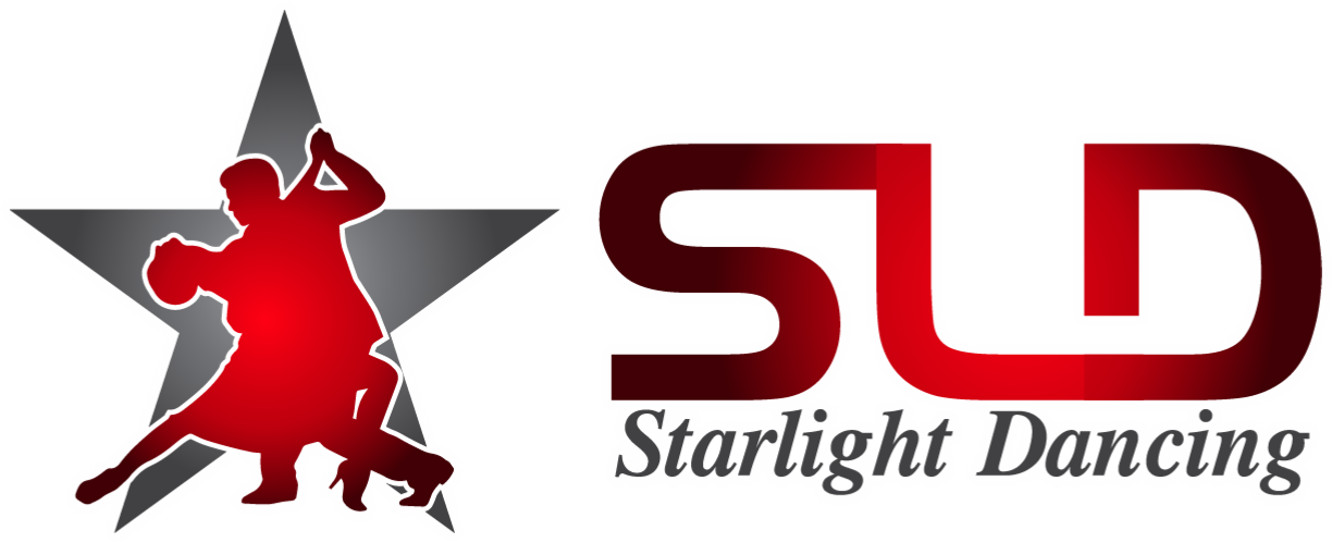 Logo with a gray star and a silhouette of a couple dancing, with the text "SLD" and "Starlight Dancing".
