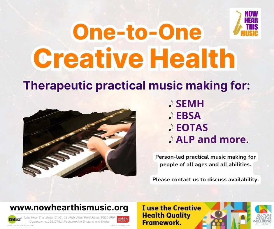 Poster advertising one-to-one creative health therapeutic music making sessions. It features an image of a person playing piano and lists conditions such as SEMH, EBSA, EOTAS, and ALP. Contact information and a colorful banner promoting creative health quality are included.