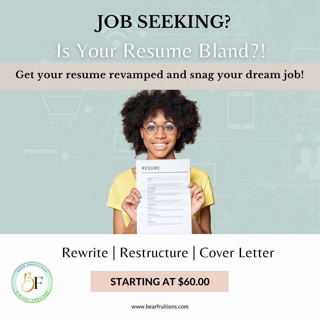 ➡️ Purchase a Resume Revamp Services at www.bearfruitions.com 
➡️ Get a rewrite, restructure, and cover letter for only $135.00! 
.
.
.
.
.
.
⠀⠀⠀⠀⠀⠀⠀⠀⠀
#webdesign #design #website #graphicdesign #marketing #webdevelopment #webdesigner #branding #digi