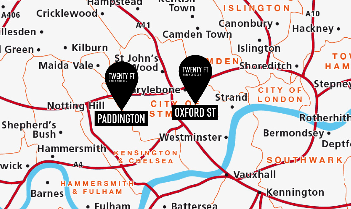 Map showing locations in London, including Paddington, Oxford Street, and other neighborhoods, with a black marker indicating a twenty-foot fried chicken restaurant near the area.