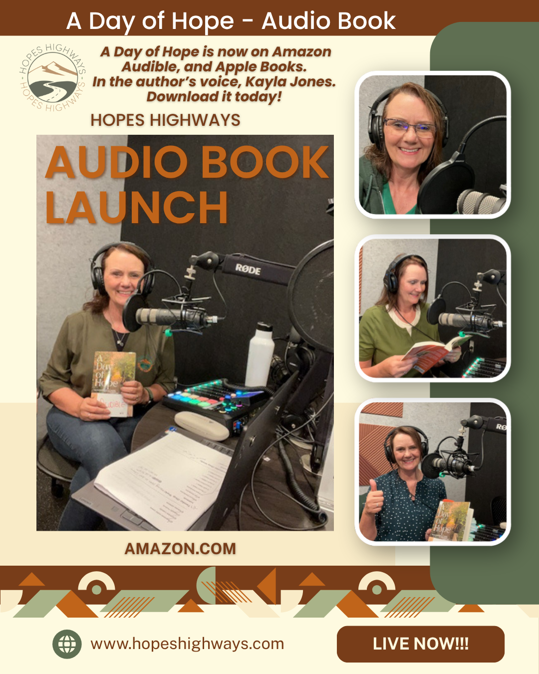 Poster announcing the launch of the audio book 'A Day of Hope' by Hopes Highways, with photos of the author recording in a studio and details about availability on Amazon, Audible, and Apple Books.