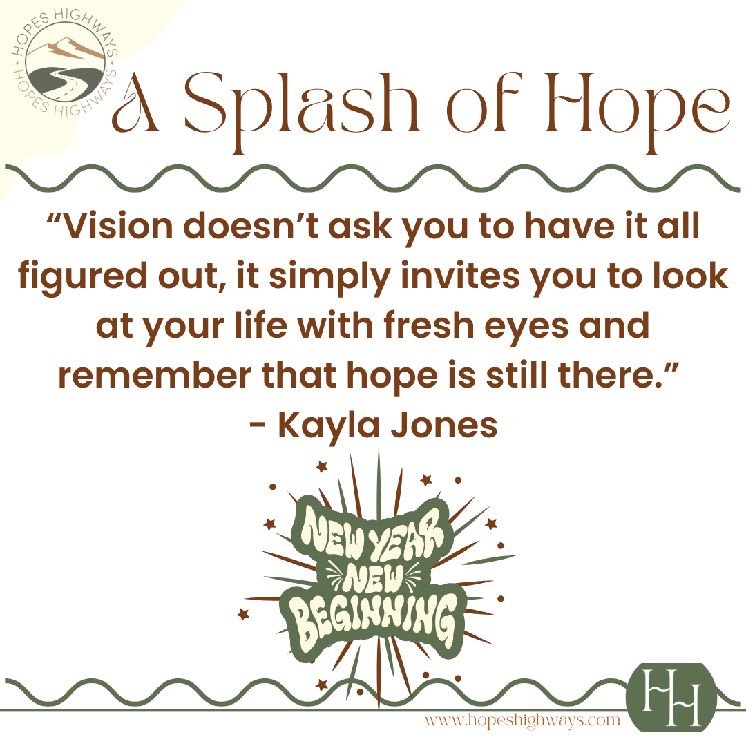 Inspirational quote graphic for New Year 2024 with Hope's Highways logo, a quote about hope and vision by Kayla Jones, and decorative text and graphics.