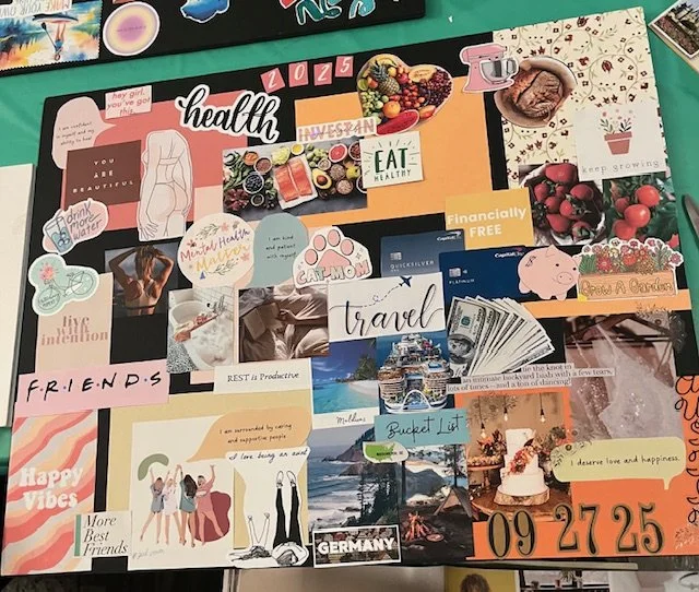 A vibrant collage board with various cutouts, photos, and stickers related to health, travel, friendship, and lifestyle topics. Visible elements include fruits, a piggy bank, a beach scene, a birthday cake, and motivational quotes.