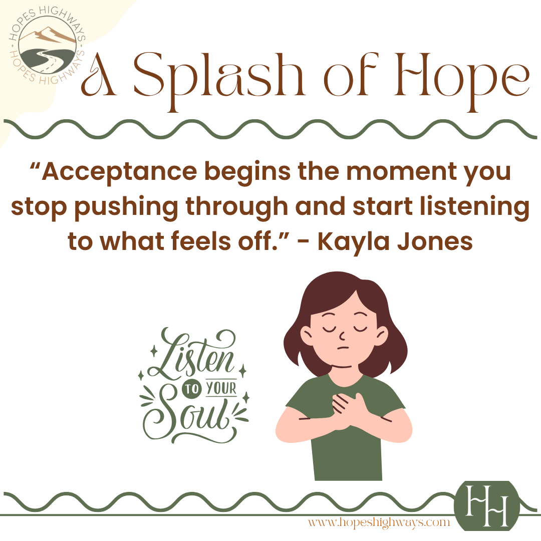 Inspirational quote card with logo, emphasizing acceptance and listening to oneself, featuring illustration of a girl with eyes closed and hand on chest.