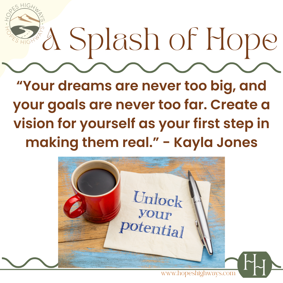 A motivational quote with a coffee cup, a napkin that says 'Unlock your potential', and a pen on a wooden surface.