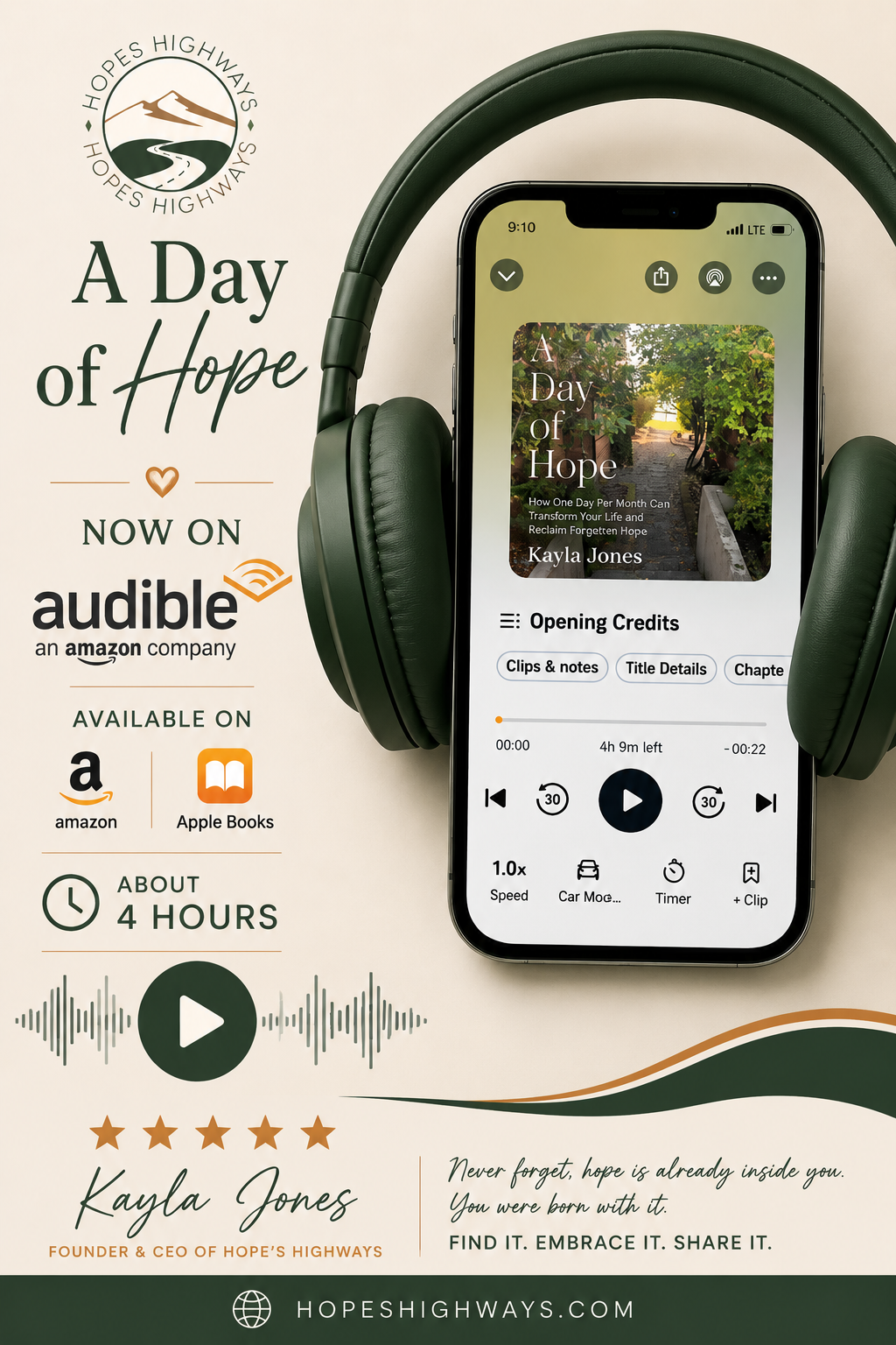 Poster promoting the audiobook 'A Day of Hope' by Kayla Jones, available on Audible, Amazon, and Apple Books, featuring a smartphone with the audiobook playing, a pair of green headphones, and phrases about hope and transformation.