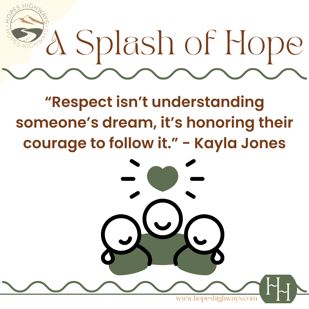 A quote from Kayla Jones about respect and following dreams, with a simple illustrated graphic of three happy people and a heart above them, on a light background with decorative borders and a logo for Hopes Highways.