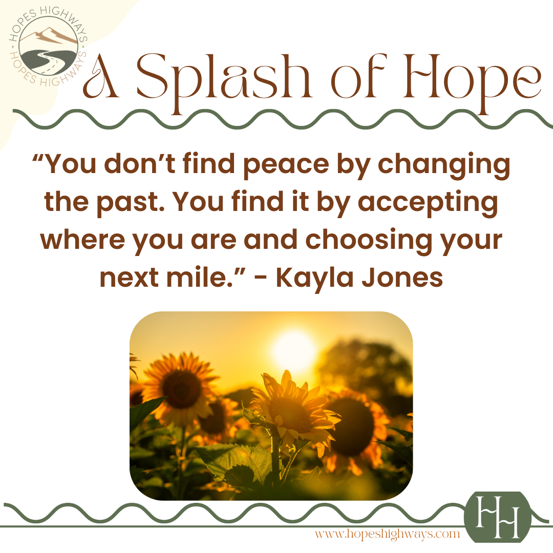 A quote about peace and acceptance with a sunset over a sunflower field.