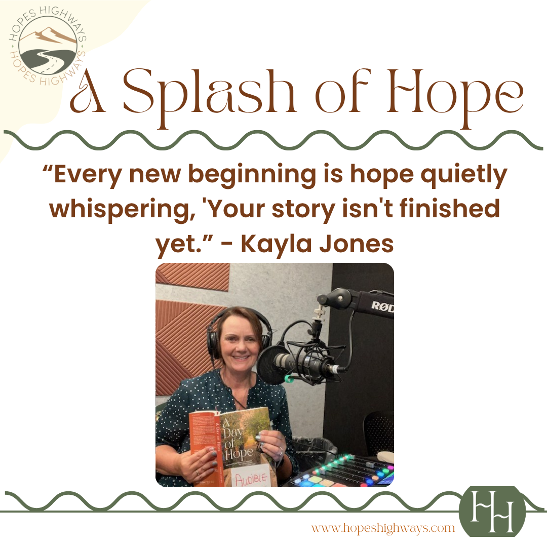 A woman with short brown hair in a podcast studio wearing headphones, holding a book titled 'A Day of Hope', and speaking into a microphone, with soundproofing panels in the background.