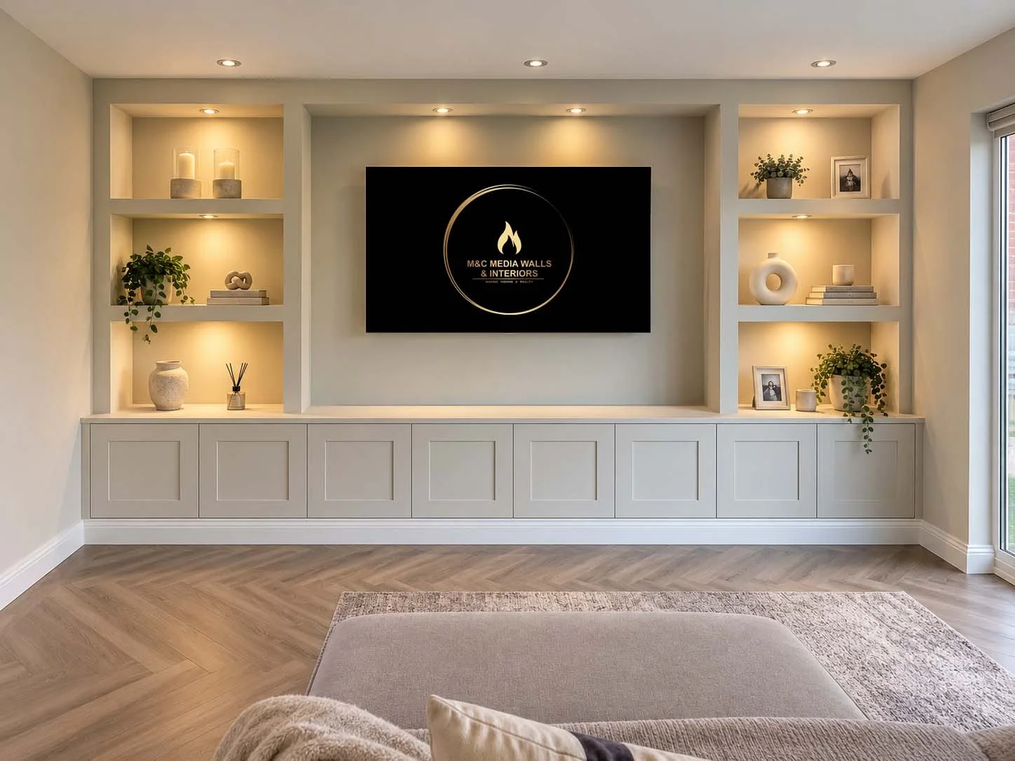 Living room with built-in shelves, a TV displaying a logo, and decorative items including plants, candles, vases, and picture frames.