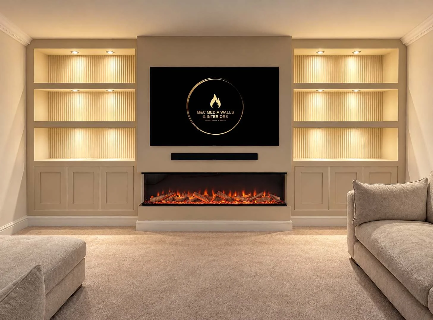 Living room with built-in shelves lit by recessed lights, a wall-mounted flat-screen TV displaying a logo for M&C Media Walls & Interiors, and an electric fireplace with glowing flames. Two beige sofas are partially visible.
