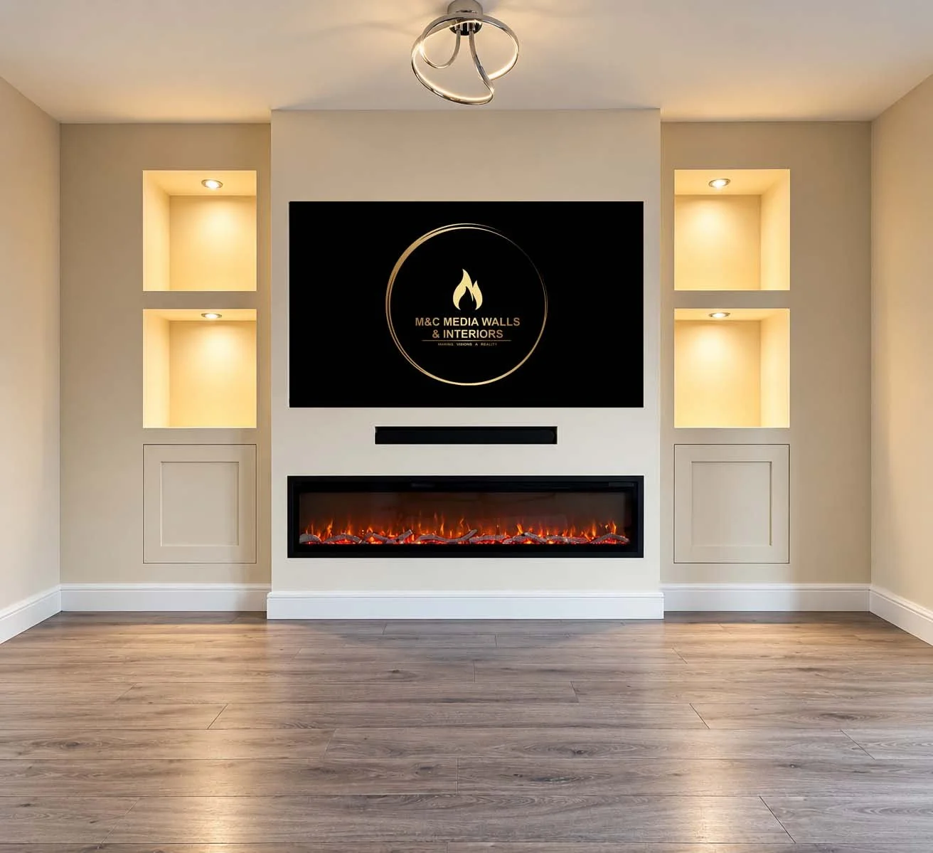 Modern living room with a wall-mounted electric fireplace, a flat-screen TV above it displaying a logo for M&C Media Walls & Interiors, and built-in illuminated shelves on each side of the TV.