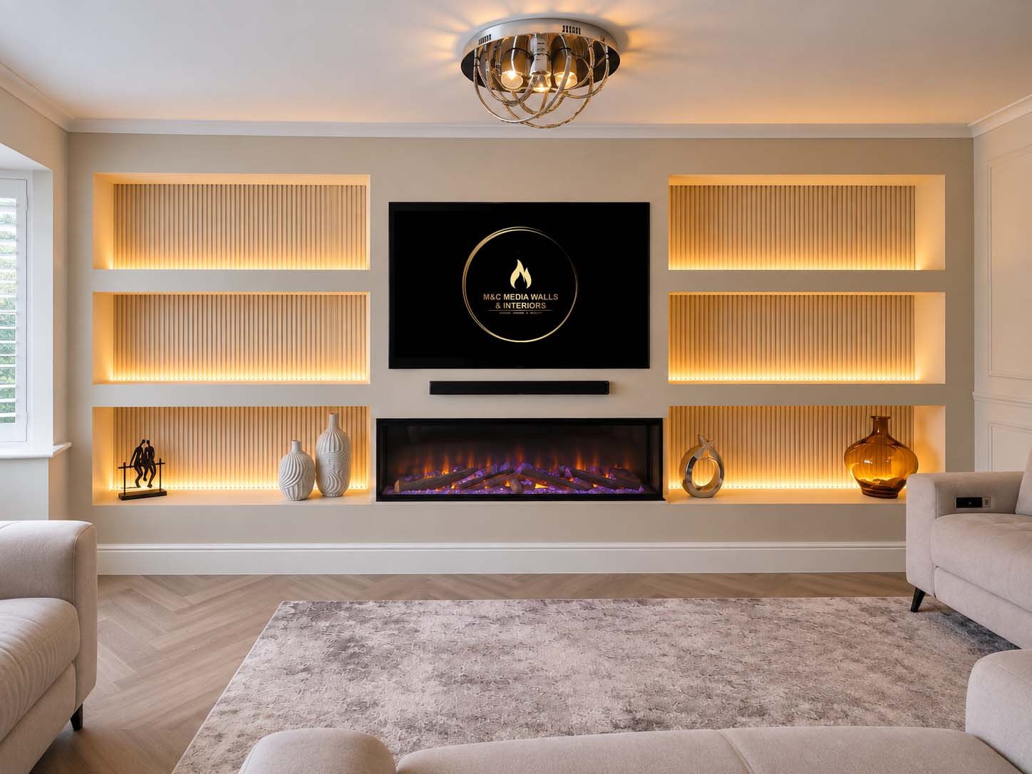 Living room with modern decor featuring built-in illuminated shelves, a wall-mounted TV, a fireplace with purple flames, and decorative vases and sculptures.