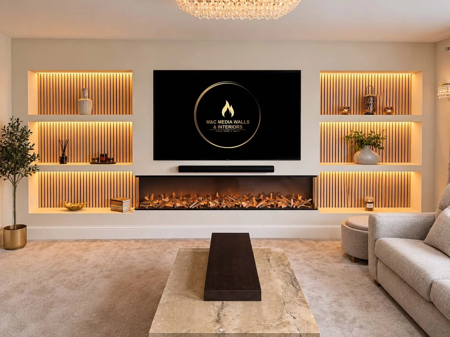 Modern living room with a wall-mounted TV displaying the logo of M&C Media Walls & Interiors, wooden paneling with built-in shelves, a fireplace filled with logs, a beige sofa on the right, a coffee table in the center, and decorative vases and plants.