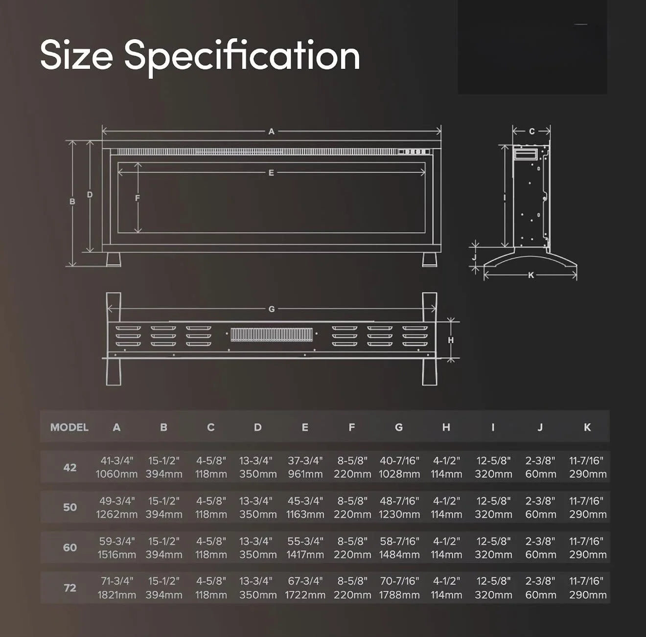 Blueprint diagram showing size specifications for different models of electric heaters, with labeled dimensions and a details table.