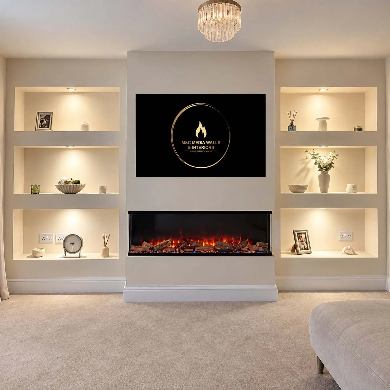 Living room with built-in shelves, a modern fireplace, a wall-mounted TV displaying a logo for M&C Media Walls & Interiors, and decorative items like vases, picture frames, and a clock, with a beige carpet and soft lighting.