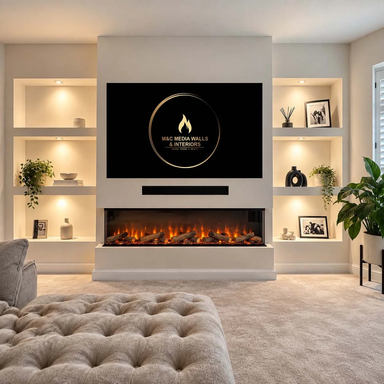 Living room with built-in shelves, a fireplace, a TV displaying 'M&C Media Walls & Interiors' logo, and decorative items like plants, vases, and framed photos.