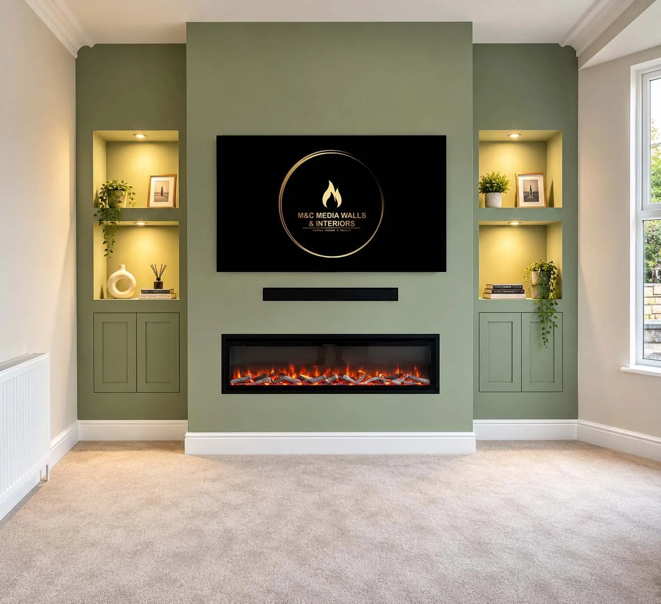 Living room with a green accent wall, a built-in electric fireplace, a wall-mounted TV displaying a logo, and illuminated built-in shelves with decorative items and plants on each side.