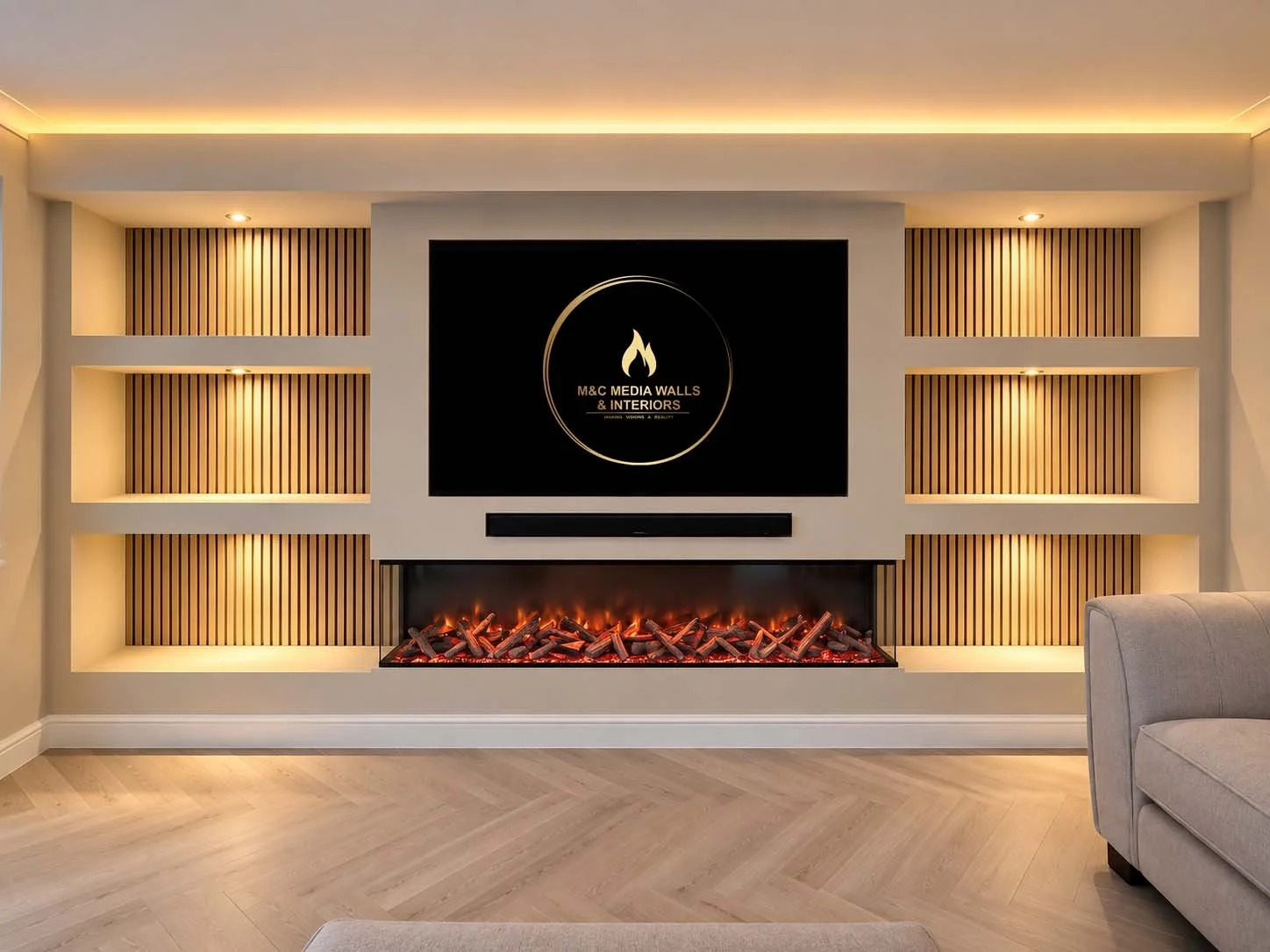 Modern room with a built-in electric fireplace beneath a large flat screen TV, surrounded by shelves with wooden slats, and a gray armchair partially visible on the right side.