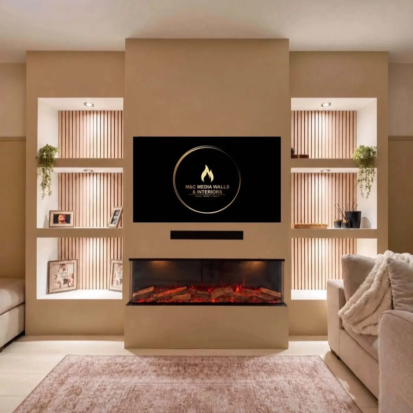 Living room with built-in shelves, a modern electric fireplace, a mounted television displaying 'M&C Media Walls & Interiors,' and a beige sofa with a throw blanket.