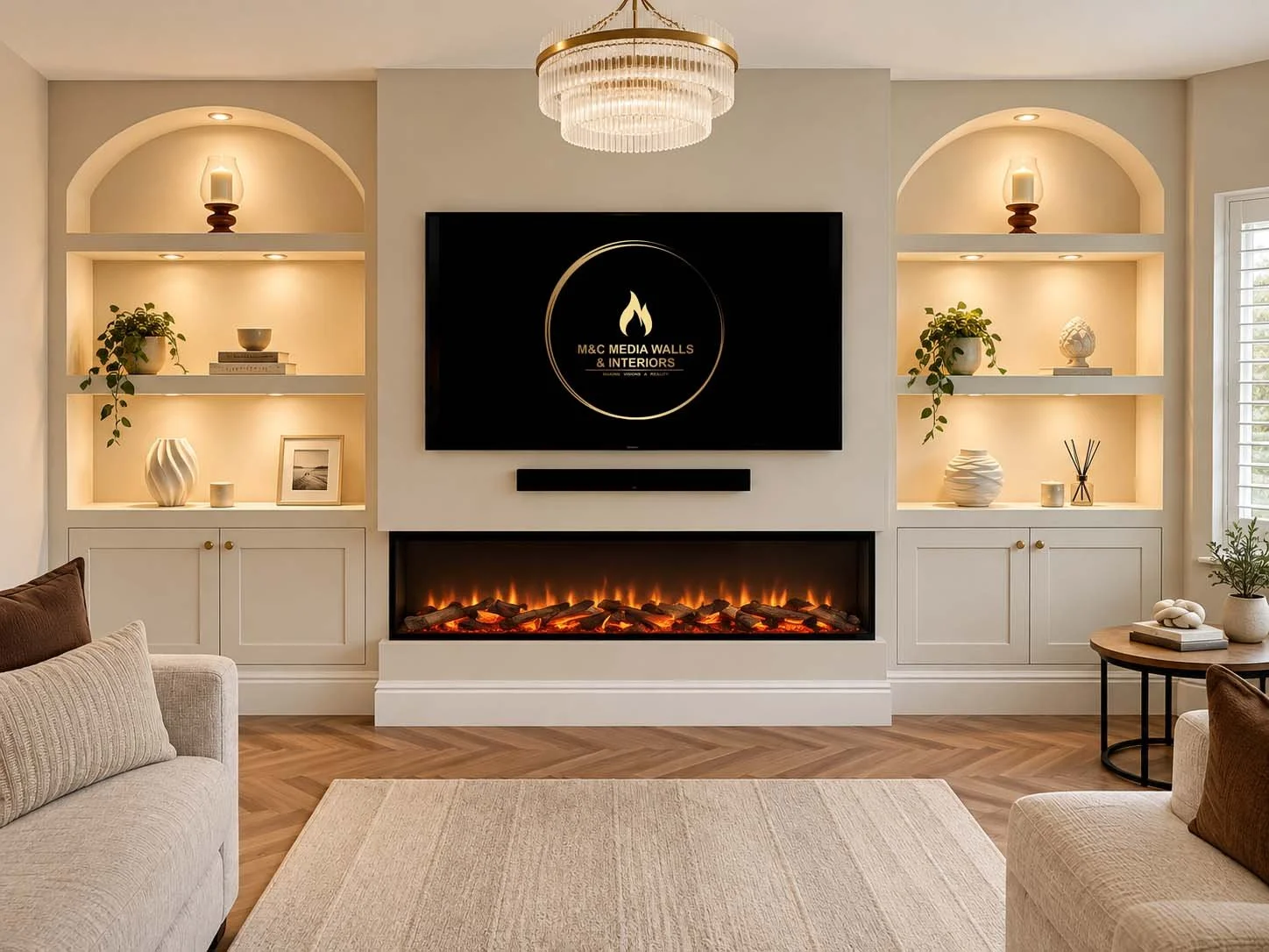 Living room with built-in shelves, a flat-screen TV displaying a logo, an electric fireplace below the TV, two upholstered sofas, a round side table with decor, and decorative items such as vases and candles, illuminated by warm lighting and natural light through window shutters.