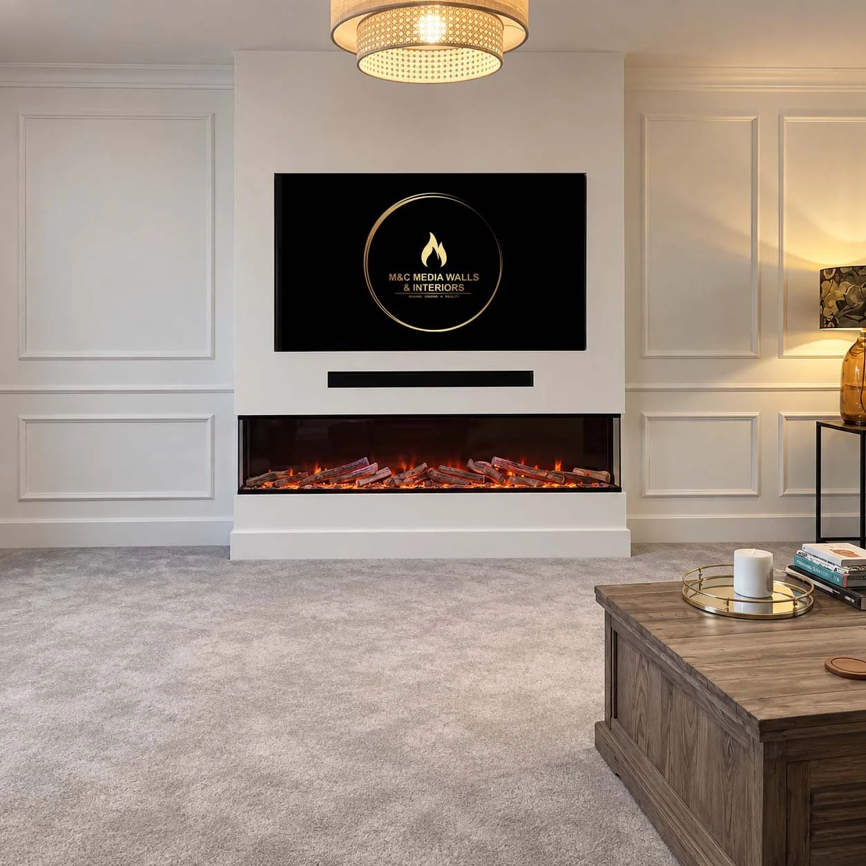 Living room with modern white fireplace, flat-screen TV displaying 'M&C Media Walls & Interiors' logo, beige carpet, wooden coffee table with a candle and books, side table with lamp, and a hanging ceiling light fixture.