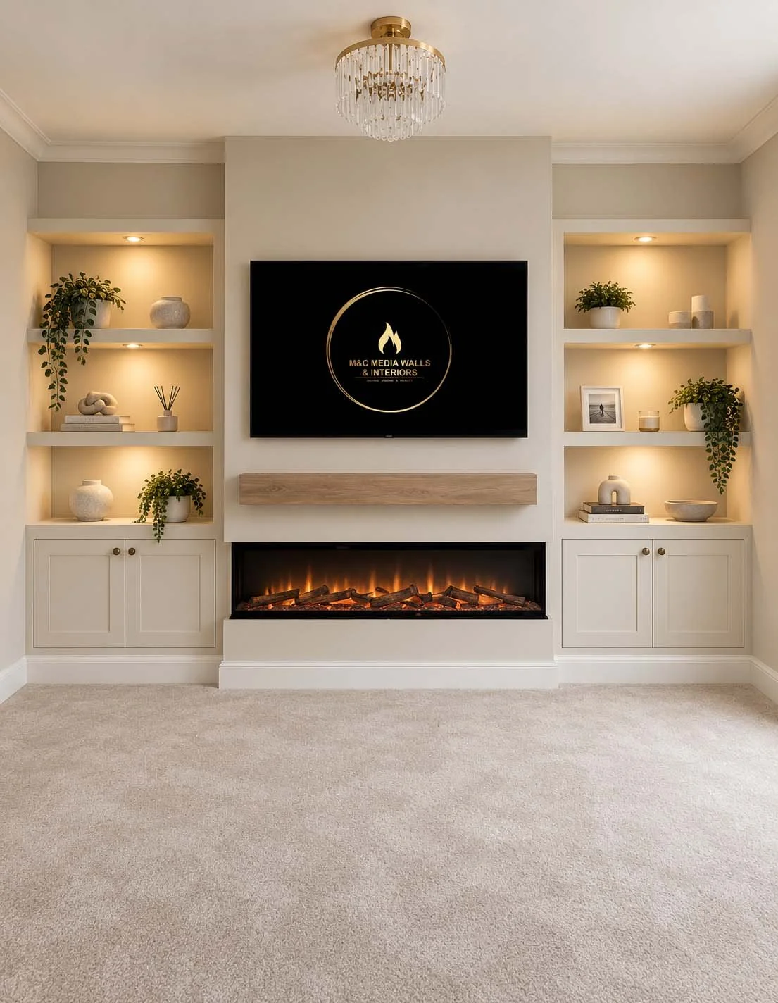 Living room with built-in shelves, a wall-mounted television displaying a logo, and an electric fireplace underneath. The shelves hold decorative items and plants, illuminated by small lights. A chandelier hangs from the ceiling, and the room has beige carpet and walls.
