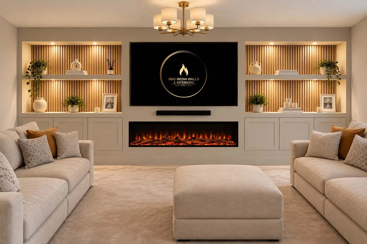 Modern living room with two white sofas, beige pillows, a beige ottoman, a fireplace, a large wall-mounted TV displaying a logo, and built-in shelves with decorative items and plants illuminated by lighting.