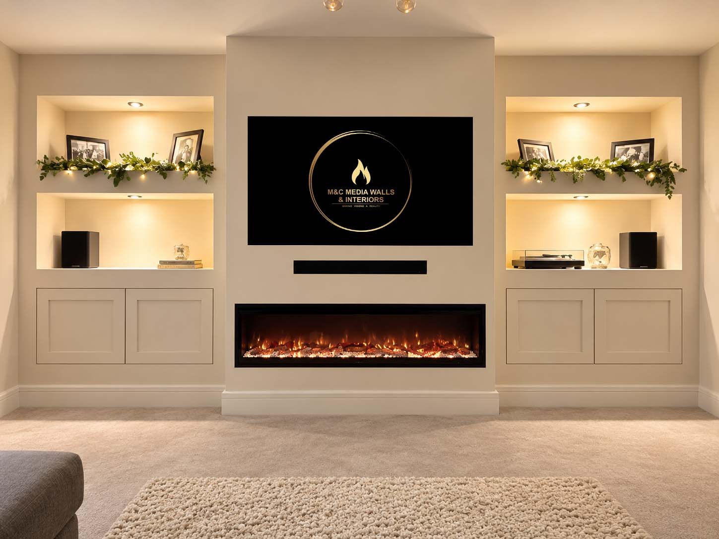 Living room with a central modern fireplace, above it a black framed TV screen displaying the logo for M&C Media Walls and Interiors, side shelves with framed photos, decorative plants, speakers, and a turntable. The room has neutral-colored walls and carpeting.