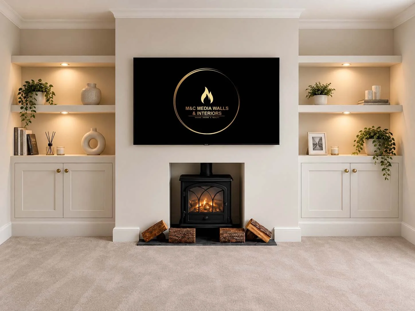 Living room with a wall-mounted TV, electric fireplace below, and built-in shelves on each side with decorative plants, candles, books, and picture frames.