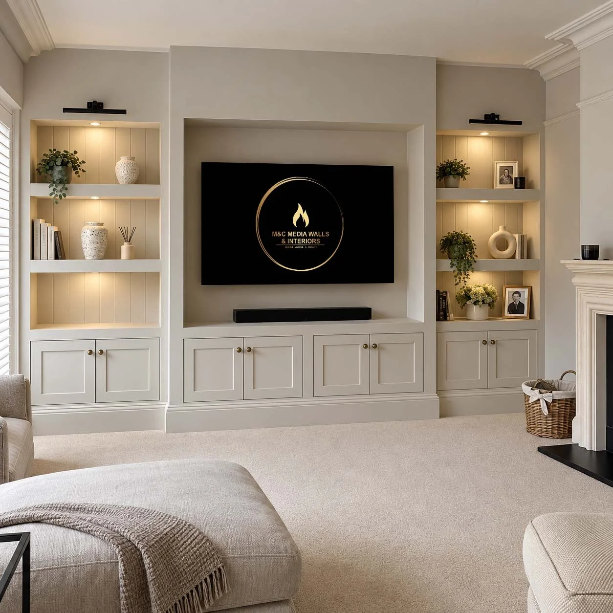 Living room with built-in shelves, mounted TV, beige furniture, a fireplace, and decorative items like plants, vases, and framed photos.