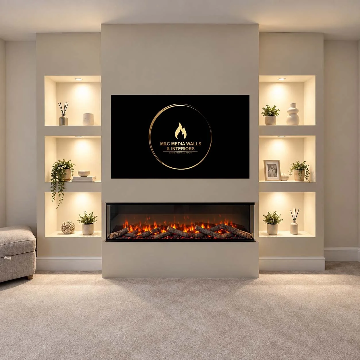 Living room with wall-mounted electric fireplace, built-in illuminated shelves with decorative items and plants, and a large flat screen TV displaying a logo for M&C Media Walls & Interiors.