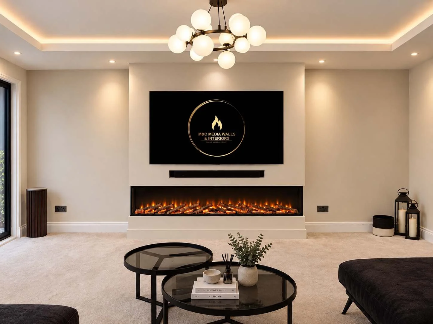 Modern living room with a fireplace, a wall-mounted flat-screen TV displaying a logo, a chandelier, a round coffee table with decorative items, and floor lamps with candles.