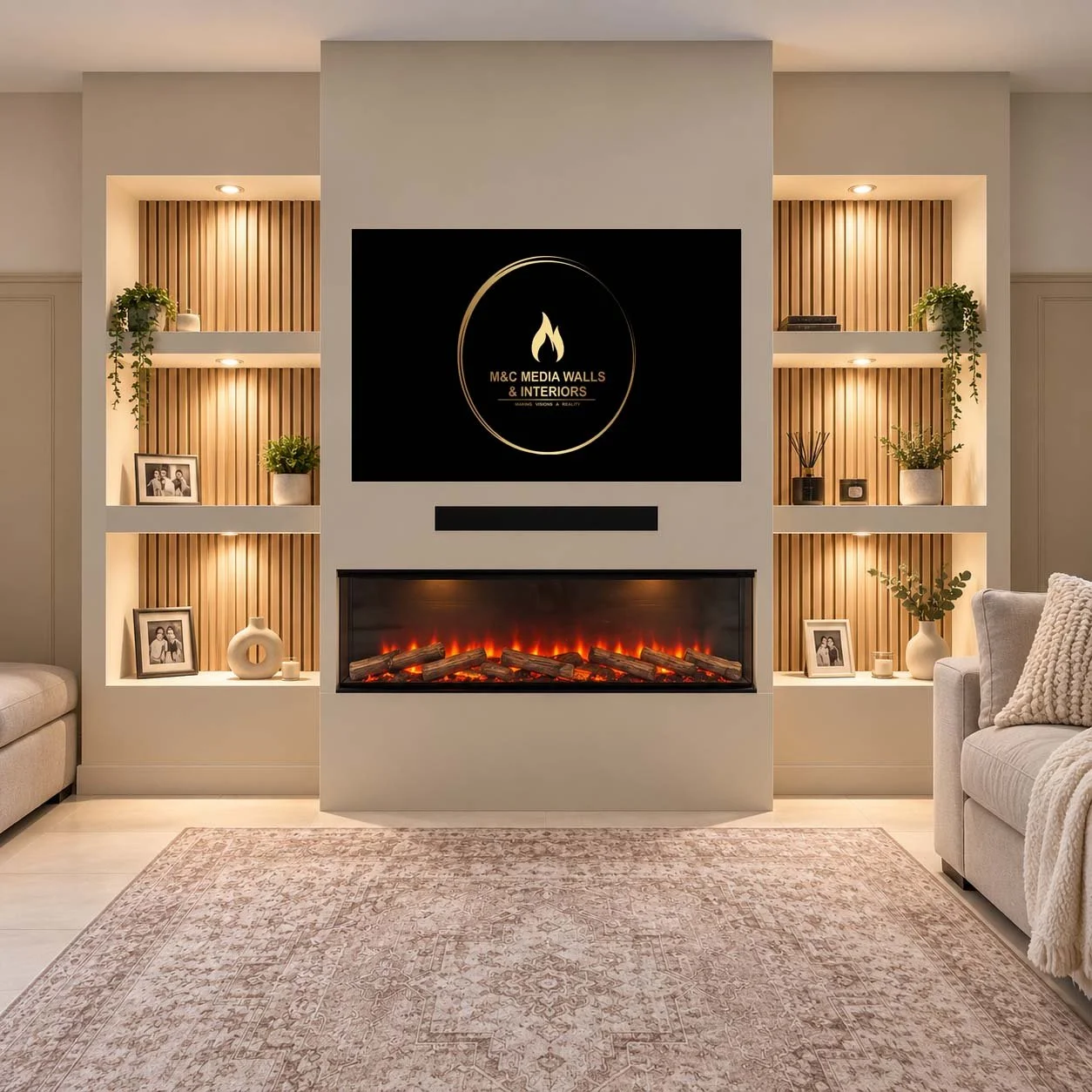 Living room with built-in shelves, a fireplace, a large TV screen displaying a logo for 'M&C Media Walls & Interiors,' and decorative items, including framed photos, potted plants, and candles.