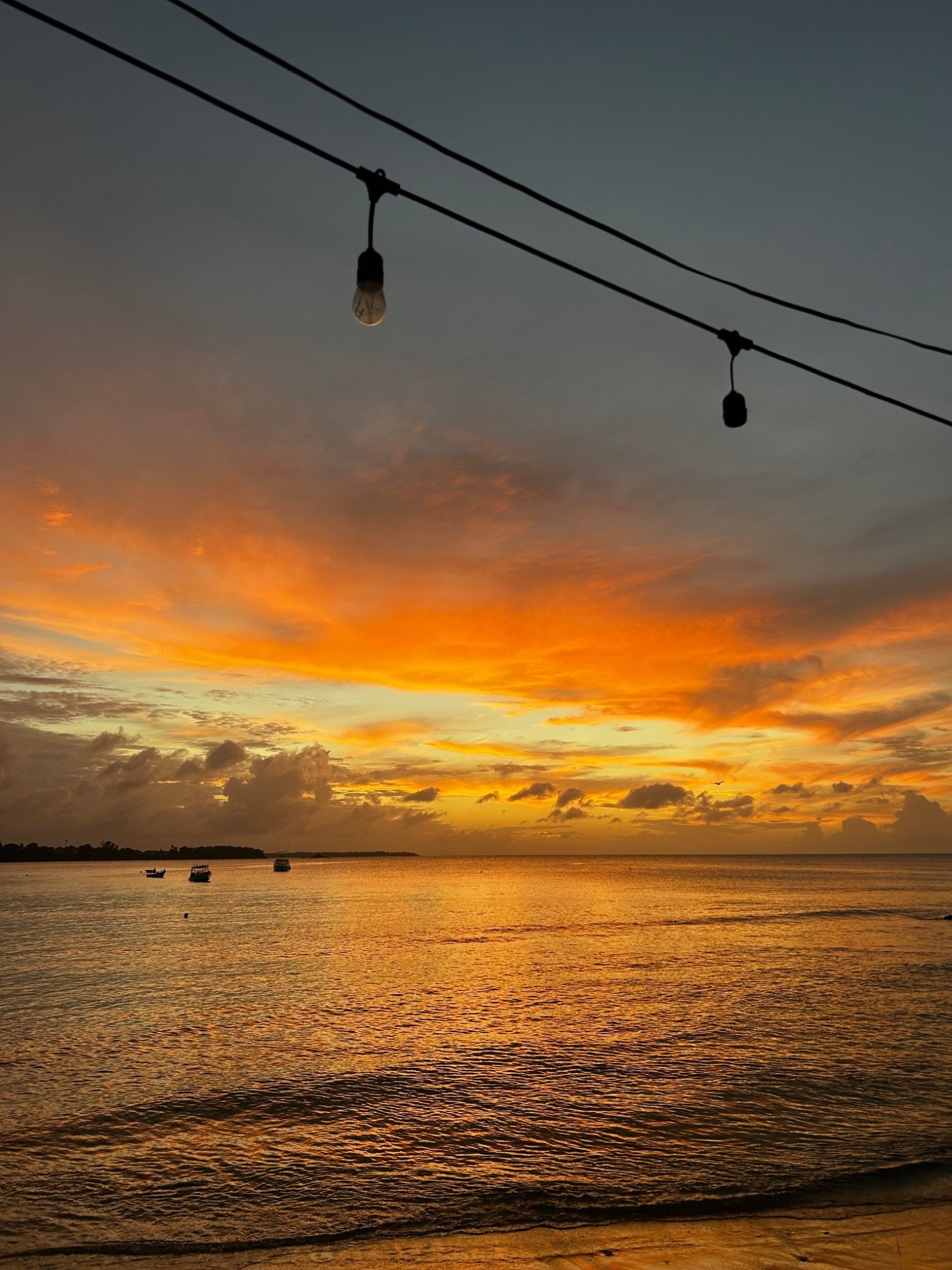 Golden Caribbean sunset over the sea in Tobago, with boats on the water and festoon lights above the beach