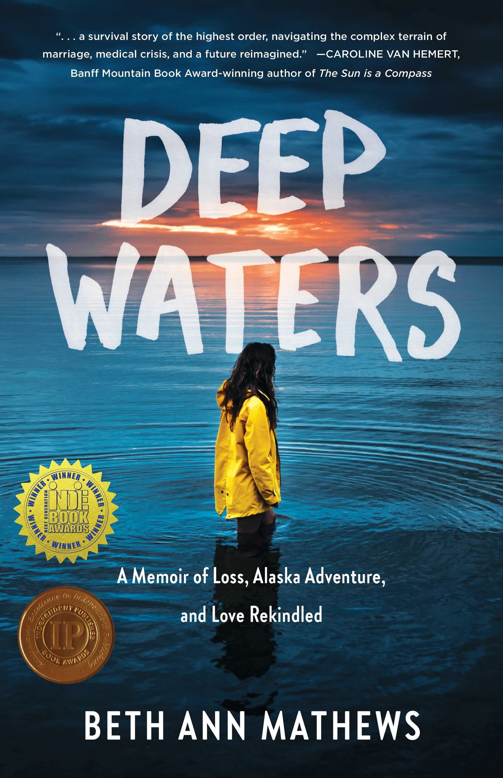 Cover of Deep Waters  by Beth Ann Mathews of Girl in yellow rain jacket wading into cold ocean water