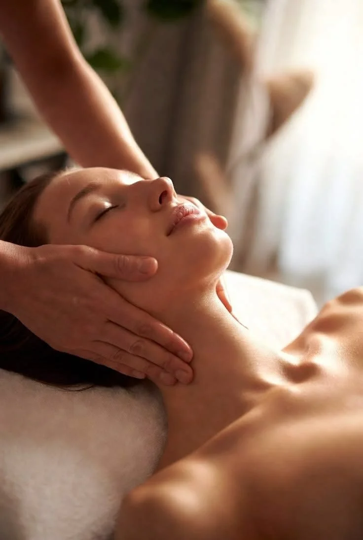 Close-up of a woman receiving a massage or facial treatment, lying on a massage table with her eyes closed, while a therapist gently supports her head and neck.